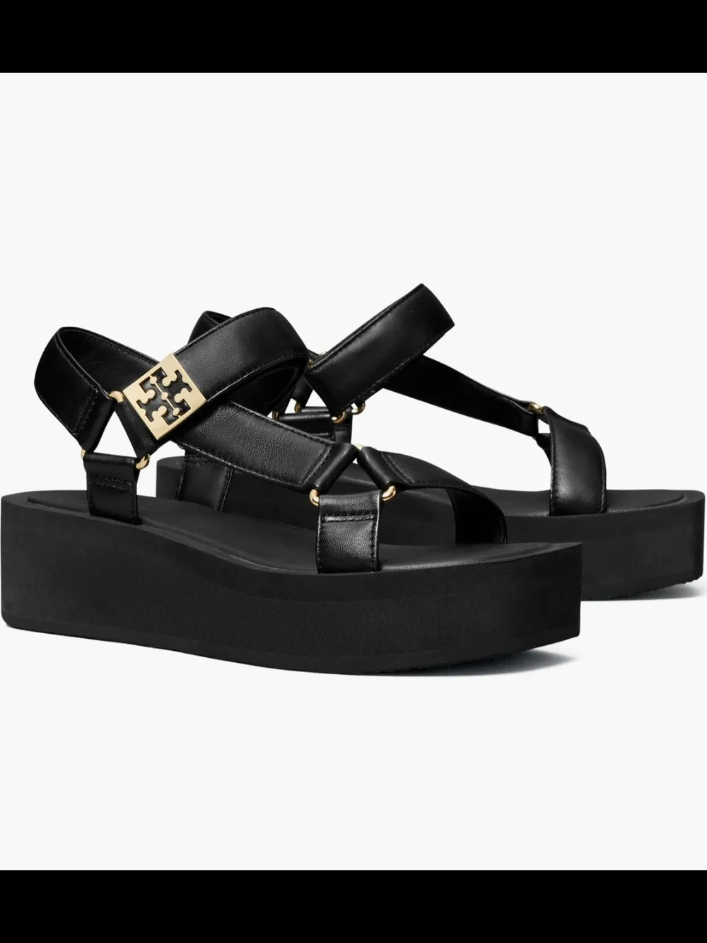 Tory Burch Black Leather Platform Sandals with Gold Logo Accent